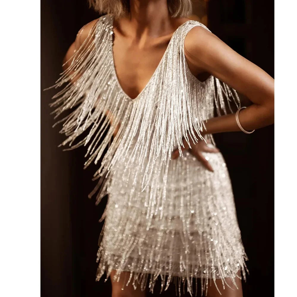 Chic Women’s Cocktail Dress with Fringe Feathers 2