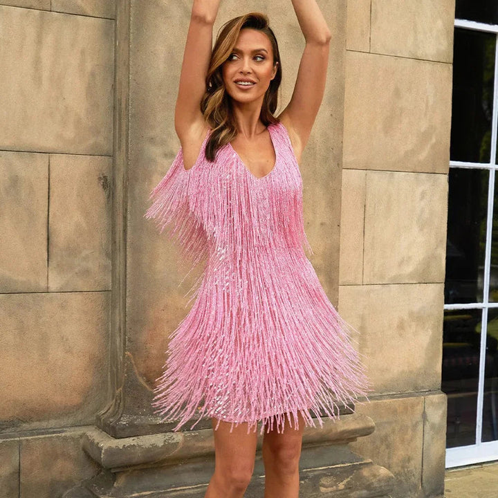 Chic Women’s Cocktail Dress with Fringe Feathers 6