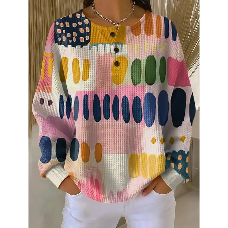 Women’s Artistic Print Sweatshirt Relaxed Button-Neck Style 0