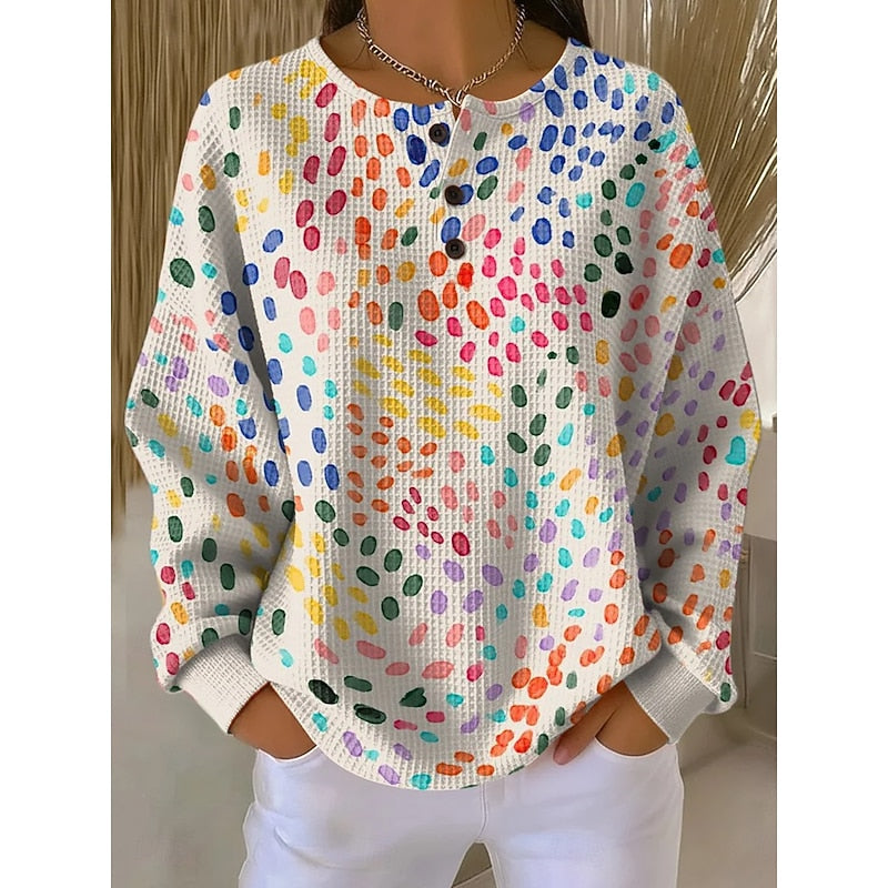 Women’s Artistic Print Sweatshirt Relaxed Button-Neck Style 1