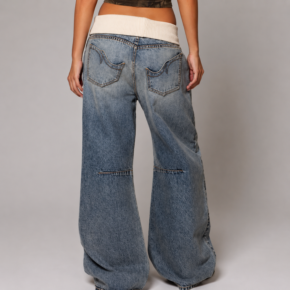 Women’s Baggy Wide-Leg Jeans with Ribbed Waistband Casual Urban Style 1