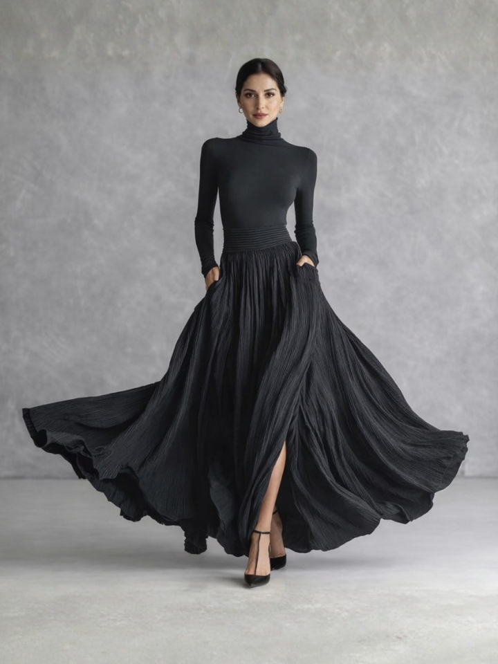 Women’s Black Maxi Dress Pleated Skirt Turtleneck Style 0