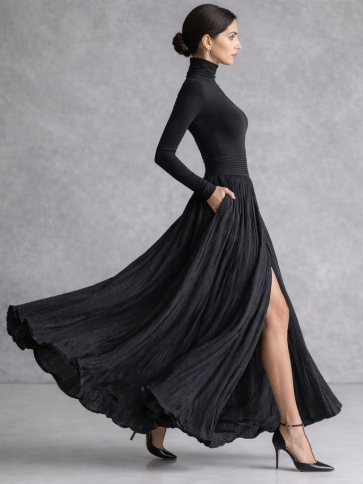 Women’s Black Maxi Dress Pleated Skirt Turtleneck Style 1