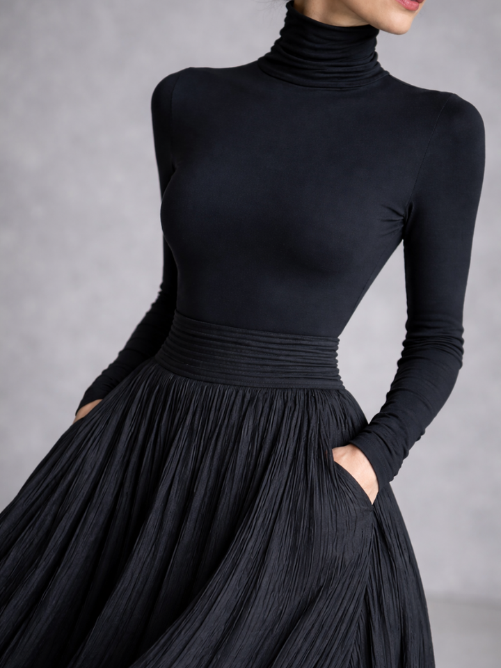 Women’s Black Maxi Dress Pleated Skirt Turtleneck Style 2