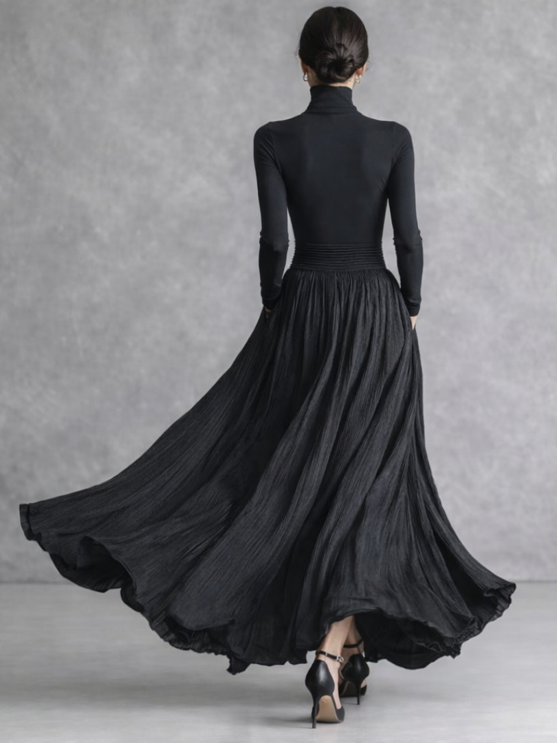 Women’s Black Maxi Dress Pleated Skirt Turtleneck Style 3
