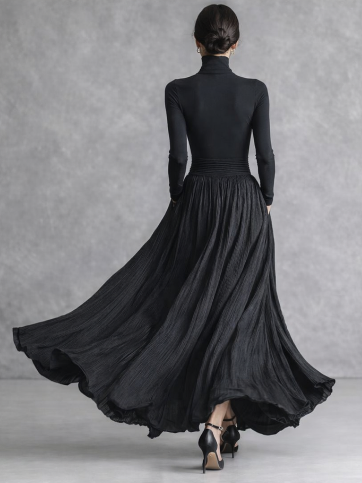 Women’s Black Maxi Dress Pleated Skirt Turtleneck Style 3