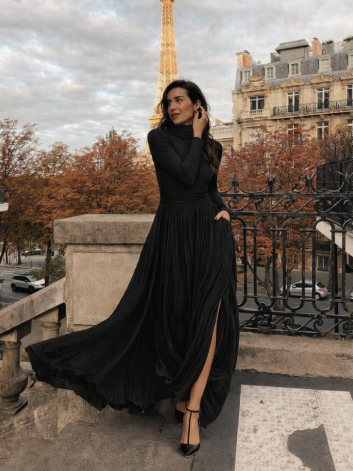 Women’s Black Maxi Dress Pleated Skirt Turtleneck Style 4