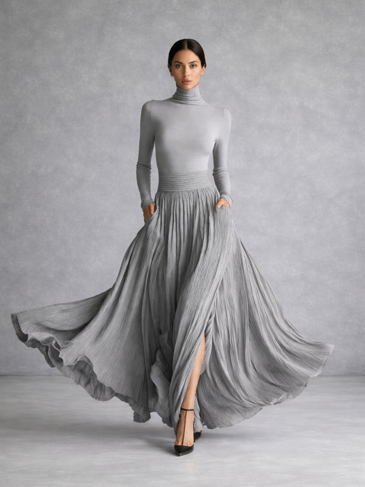Women’s Black Maxi Dress Pleated Skirt Turtleneck Style 5