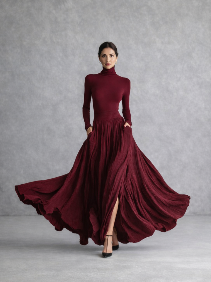 Women’s Black Maxi Dress Pleated Skirt Turtleneck Style 6