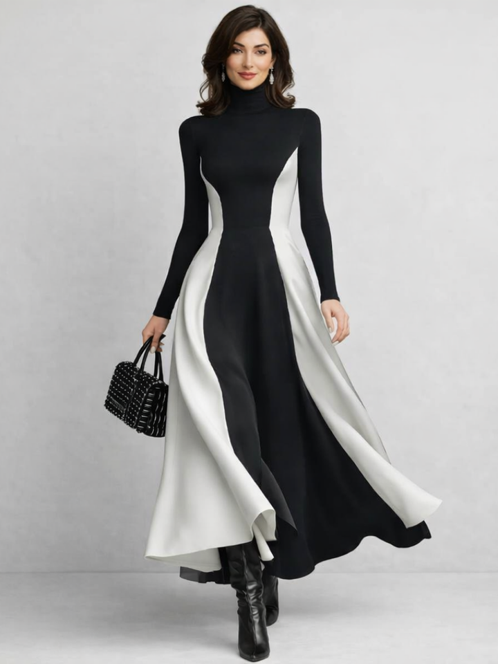 Women’s Black Maxi Dress Sculpted Turtleneck Design 0