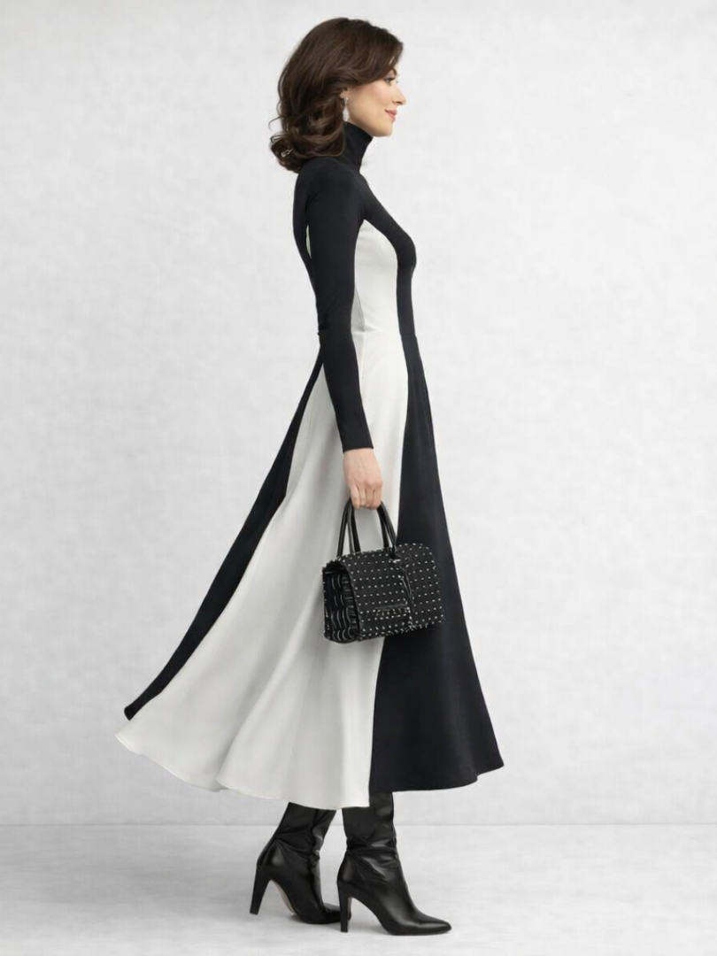 Women’s Black Maxi Dress Sculpted Turtleneck Design 1