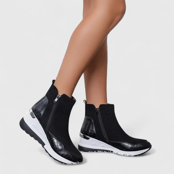 Women’s Black Wedge Ankle Boots Croc-Panel Zip-Up Design 0