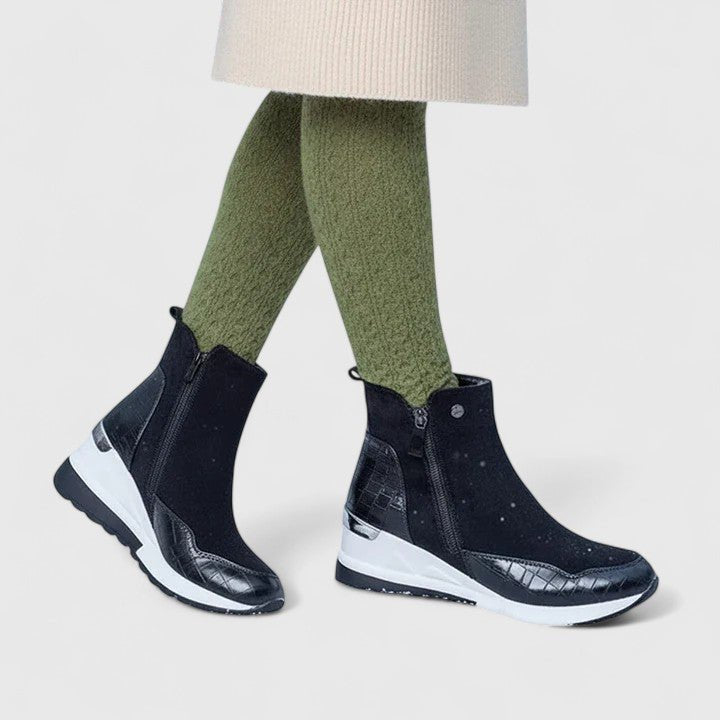Women’s Black Wedge Ankle Boots Croc-Panel Zip-Up Design 3