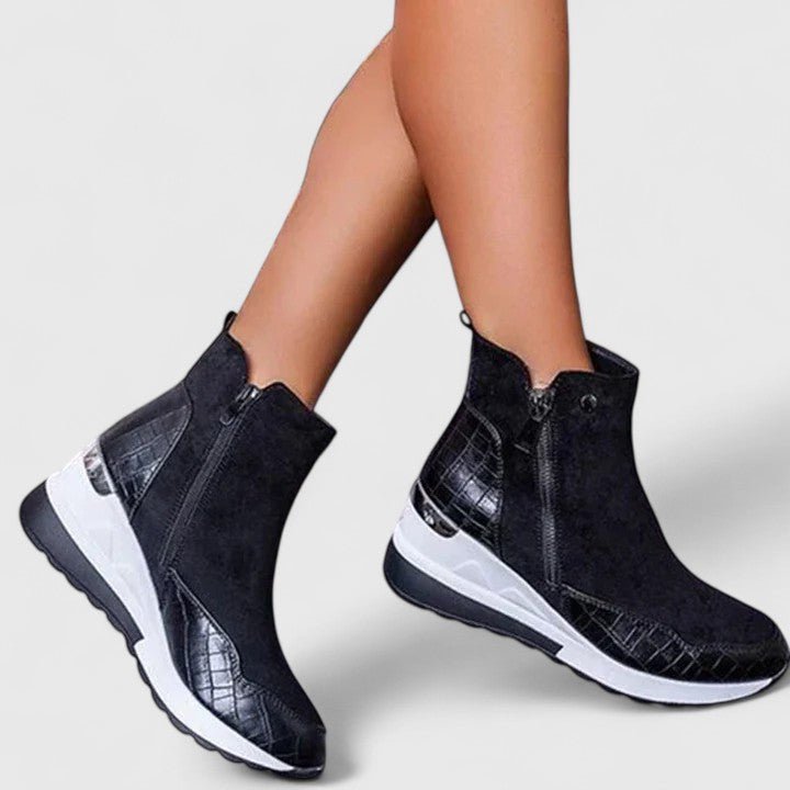 Women’s Black Wedge Ankle Boots Croc-Panel Zip-Up Design 4