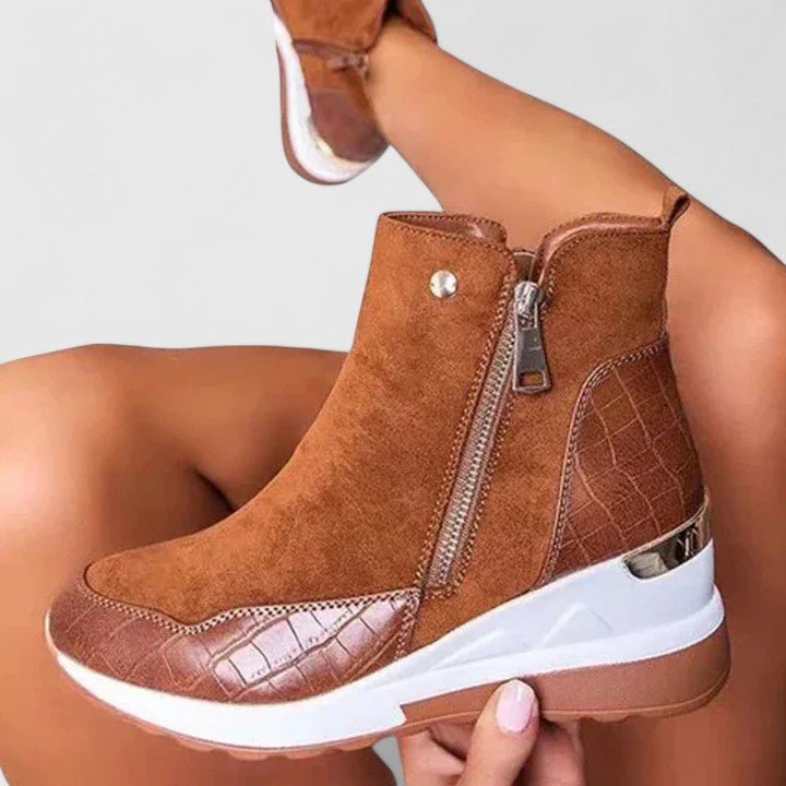 Women’s Black Wedge Ankle Boots Croc-Panel Zip-Up Design 6