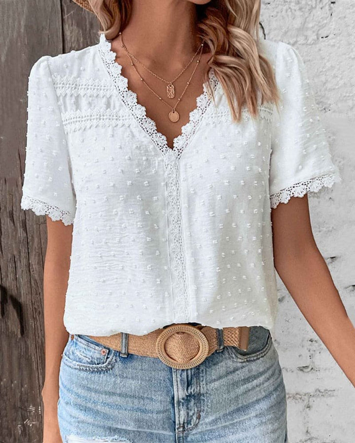 Women’s Bohemian V-Neck Blouse with Lace Trim and Swiss Dot Texture 0