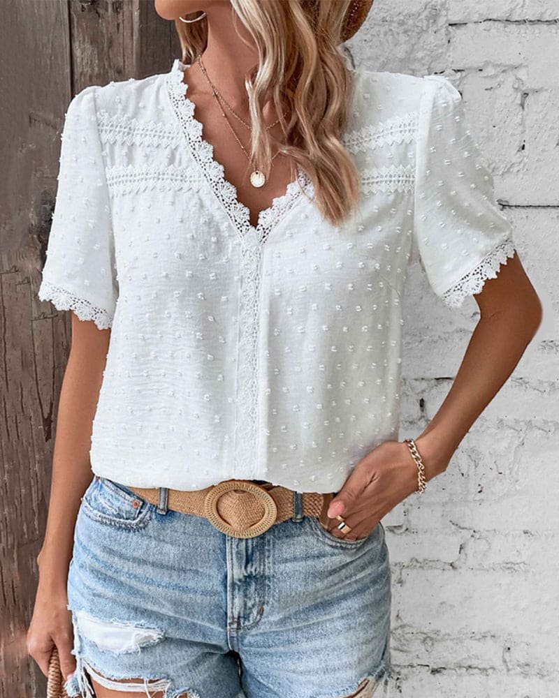 Women’s Bohemian V-Neck Blouse with Lace Trim and Swiss Dot Texture 1