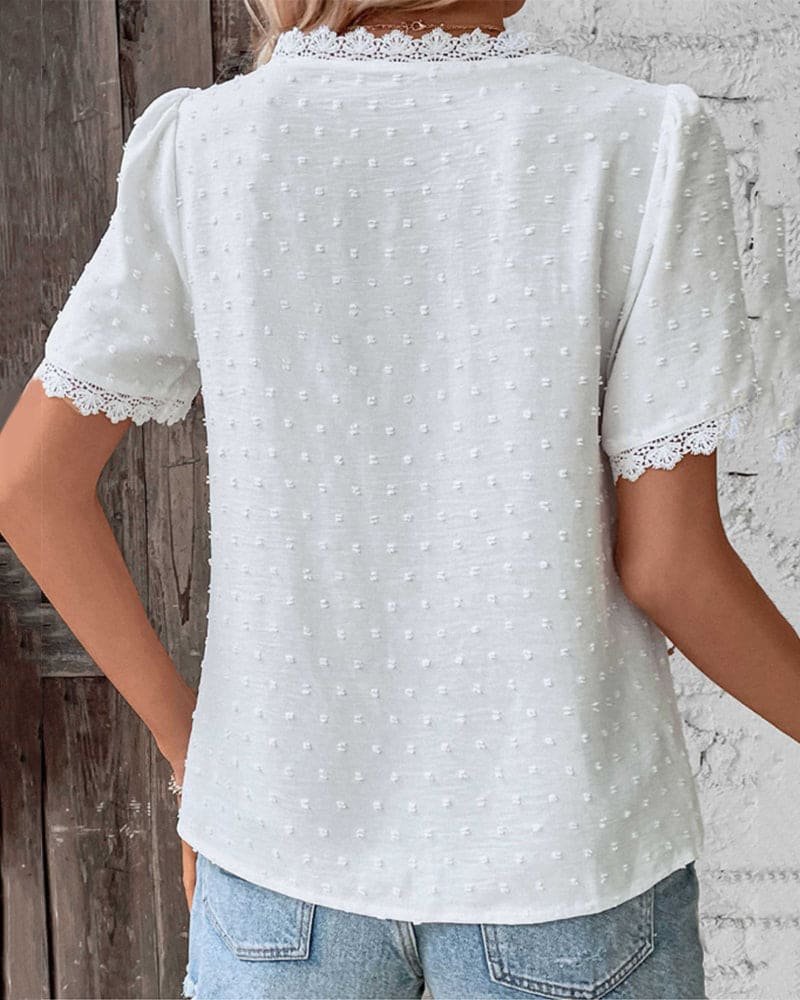 Women’s Bohemian V-Neck Blouse with Lace Trim and Swiss Dot Texture 2