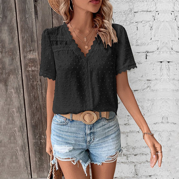 Women’s Bohemian V-Neck Blouse with Lace Trim and Swiss Dot Texture 6