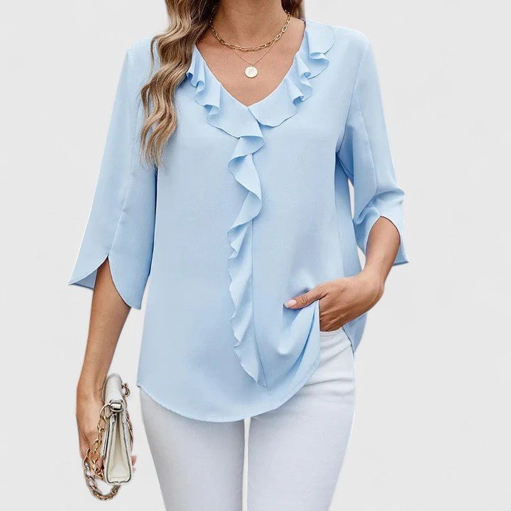 Women's Chiffon Blouse Ruffle V-Neck Half-Sleeve Style 1