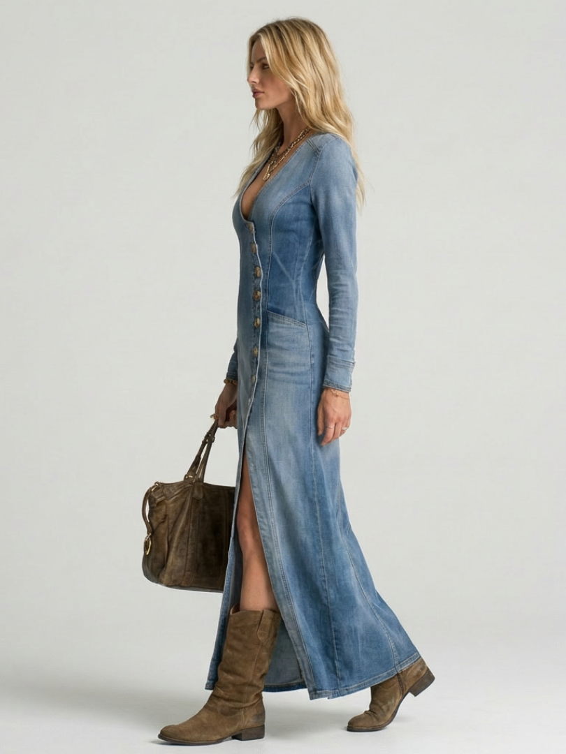Women’s Denim Maxi Dress Button Front with Deep V Neckline 1