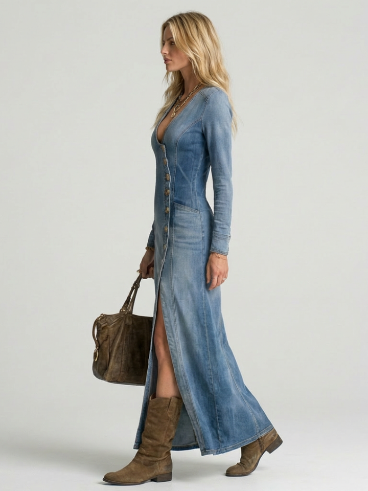 Women’s Denim Maxi Dress Button Front with Deep V Neckline 1