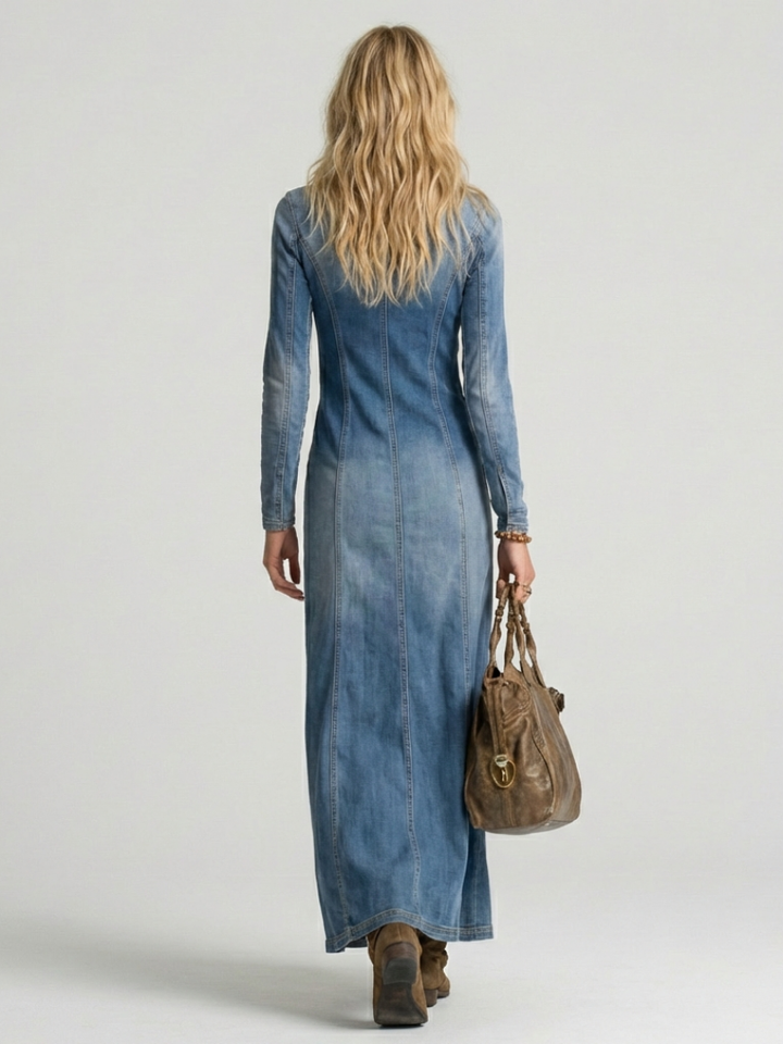 Women’s Denim Maxi Dress Button Front with Deep V Neckline 2