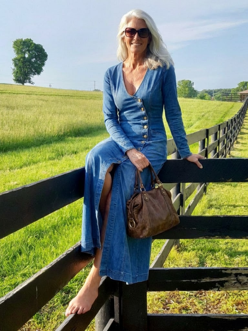 Women’s Denim Maxi Dress Button Front with Deep V Neckline 8