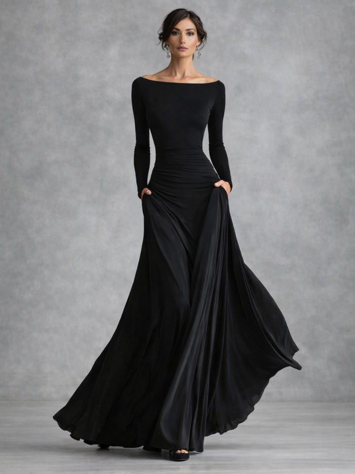 Women’s Elegant Draped Maxi Dress with Long Sleeves 0