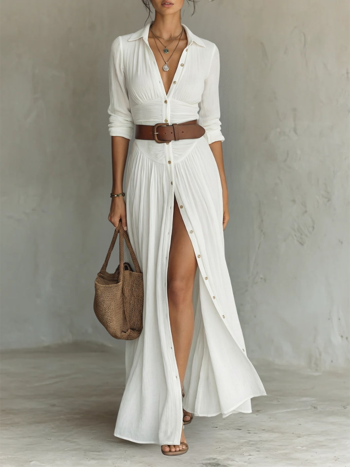 Women’s Elegant Long Sleeve Maxi Dress with Pleated Design 0