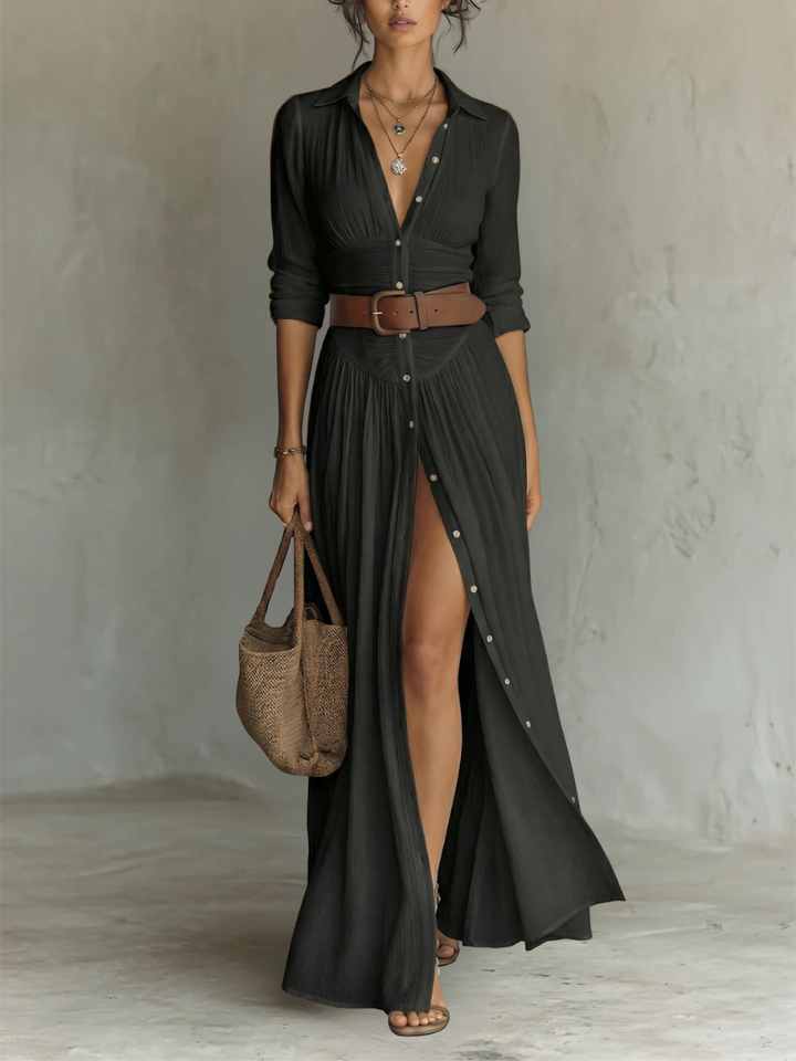 Women’s Elegant Long Sleeve Maxi Dress with Pleated Design 3