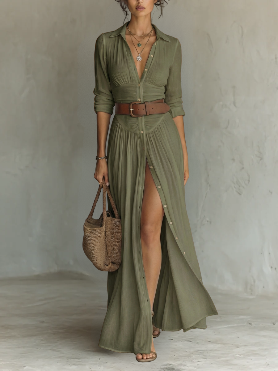 Women’s Elegant Long Sleeve Maxi Dress with Pleated Design 4