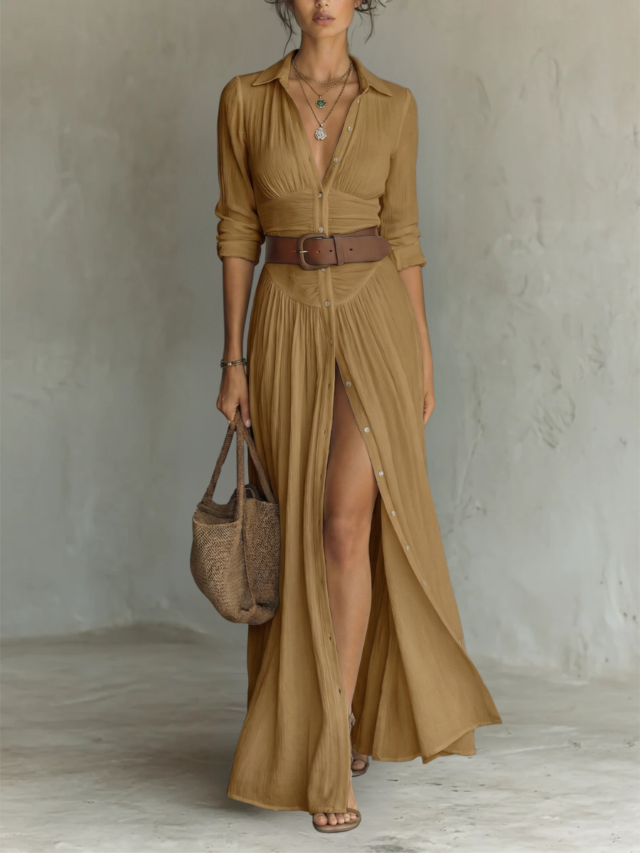 Women’s Elegant Long Sleeve Maxi Dress with Pleated Design 5