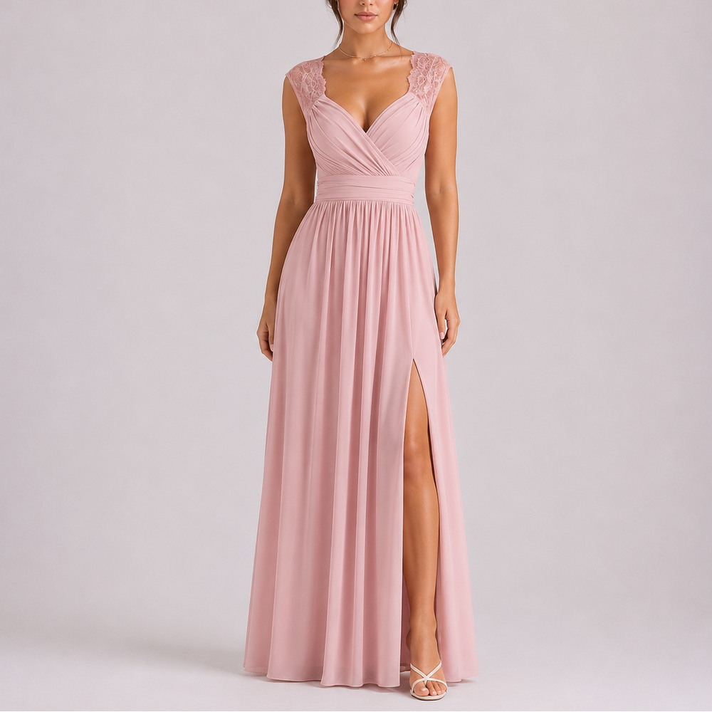 Women’s Elegant Maxi Dress with Lace Shoulder and Side Slit 1