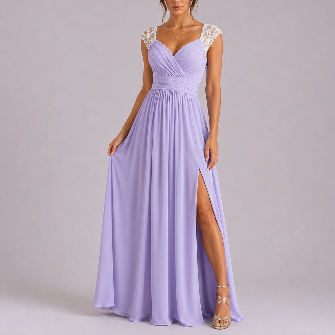 Women’s Elegant Maxi Dress with Lace Shoulder and Side Slit 2