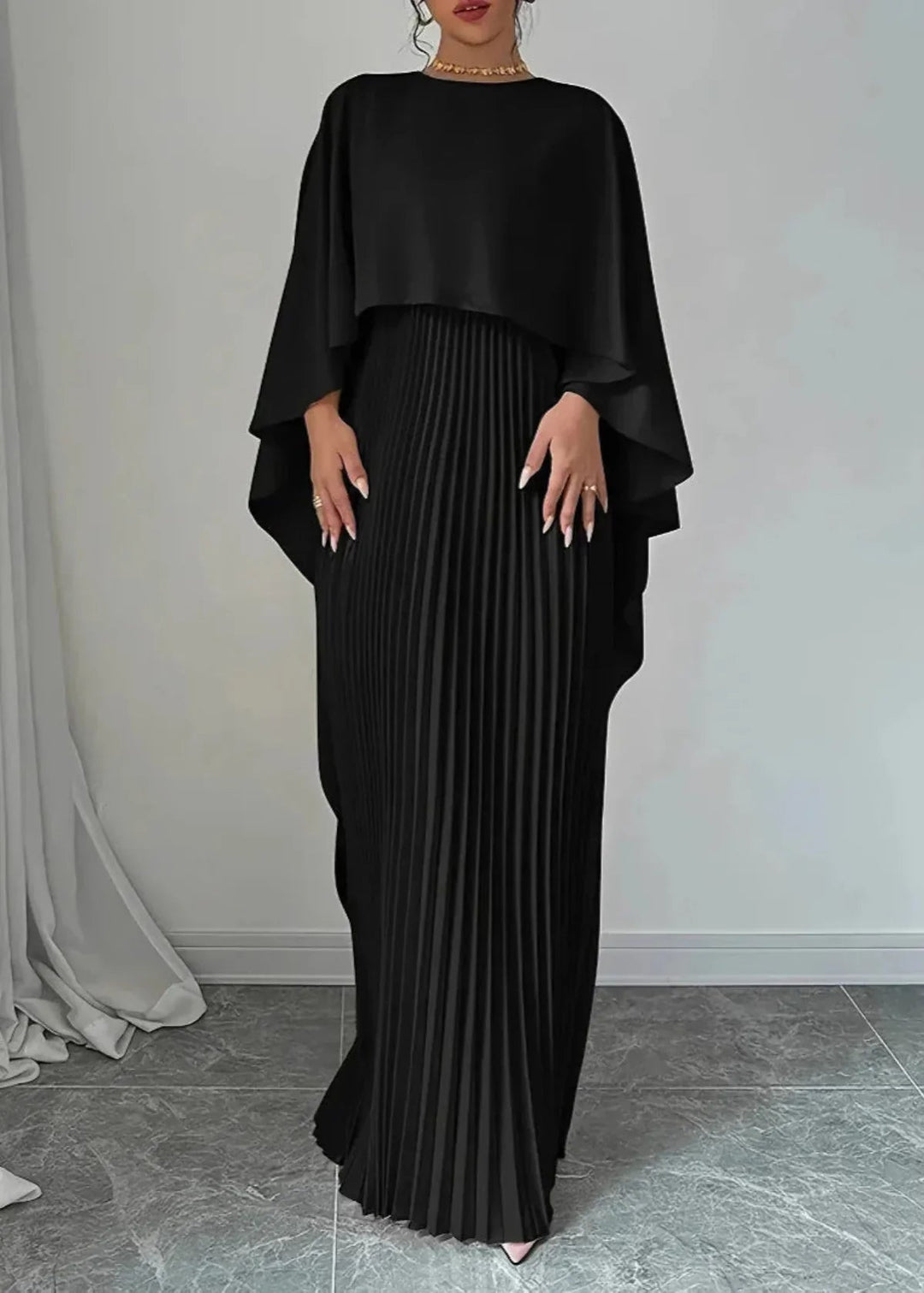 Women’s Elegant Maxi Dress with Pleated Cape Overlay for Formal Occasions 4