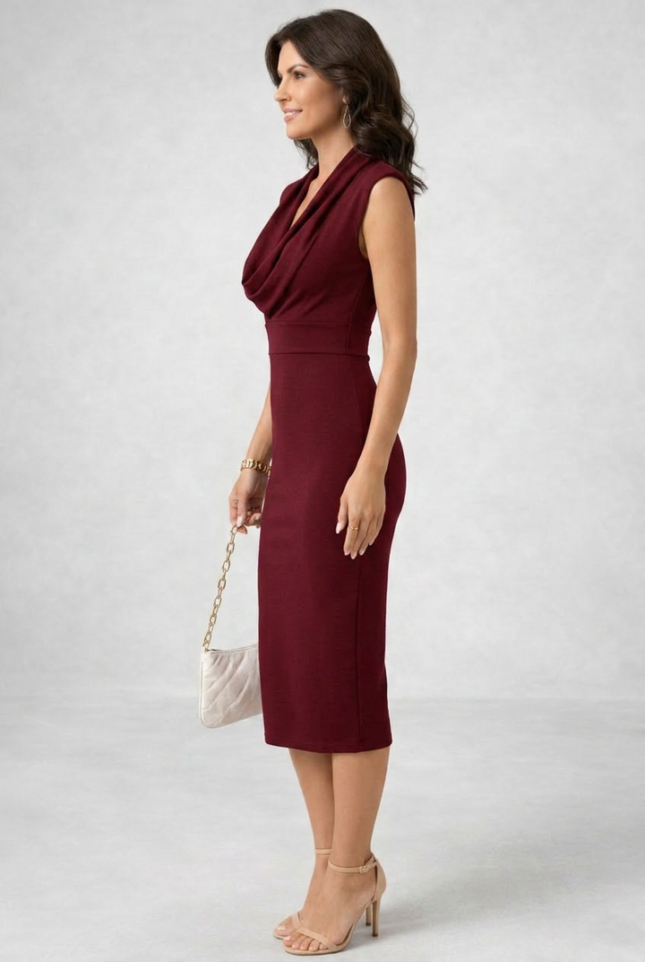 Women’s Elegant Midi Dress Cowl Neck Sleeveless Design in White and Black 3