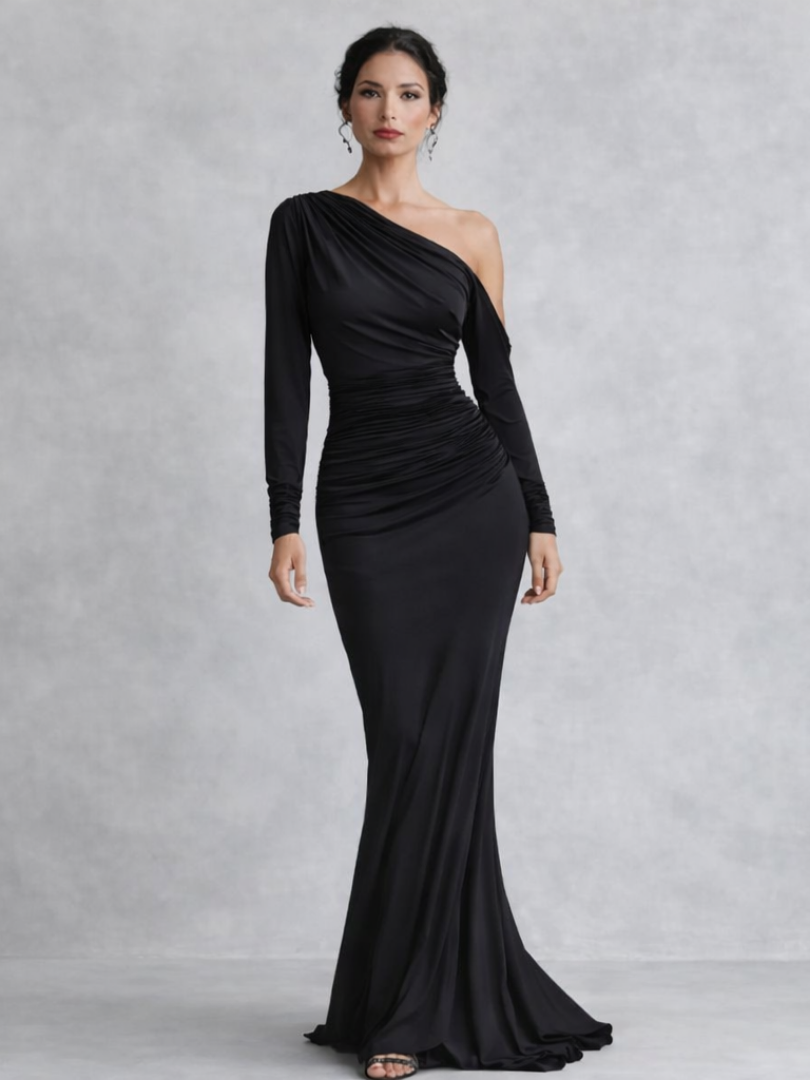 Women’s Elegant One Shoulder Maxi Dress with Ruched Design 0