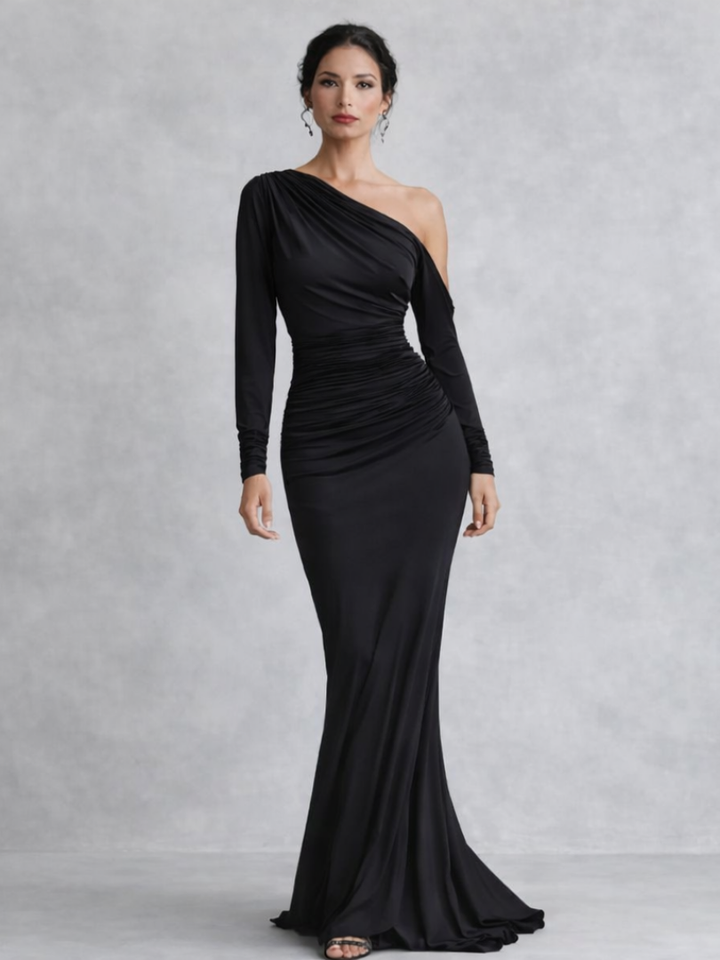 Women’s Elegant One Shoulder Maxi Dress with Ruched Design 0