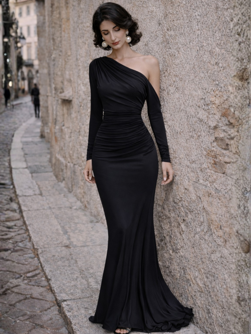Women’s Elegant One Shoulder Maxi Dress with Ruched Design 4