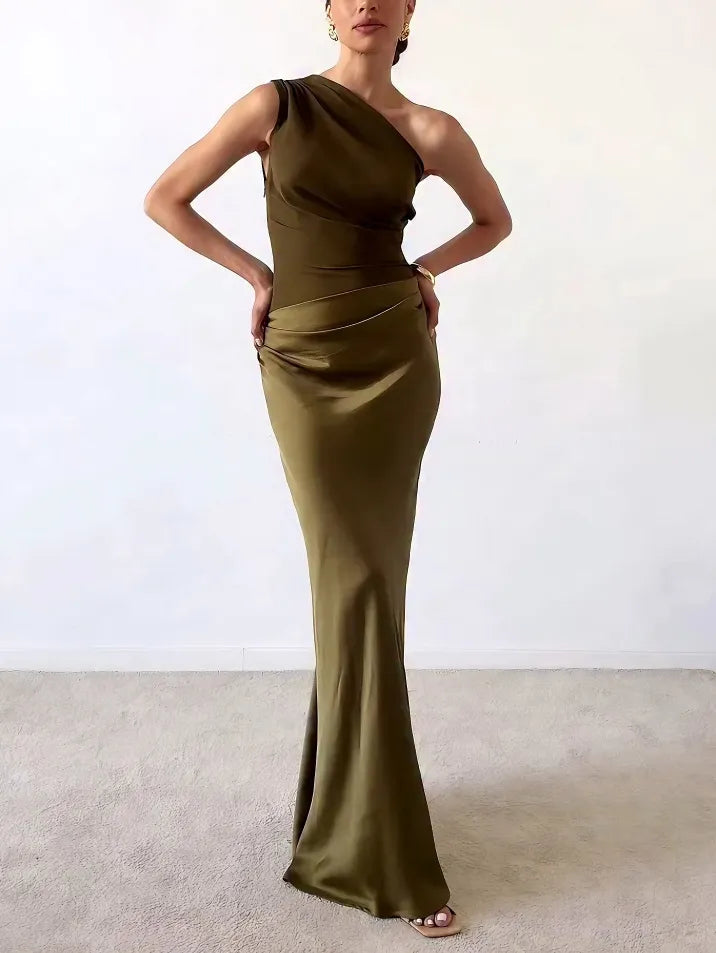 Women’s Elegant One Shoulder Pleated Maxi Dress for Formal Occasions 1