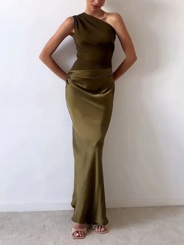 Women’s Elegant One Shoulder Pleated Maxi Dress for Formal Occasions 7