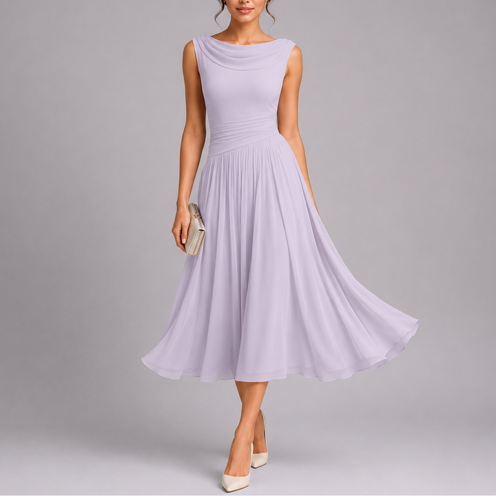 Women’s Elegant Pleated Midi Dress with Draped Neckline 0