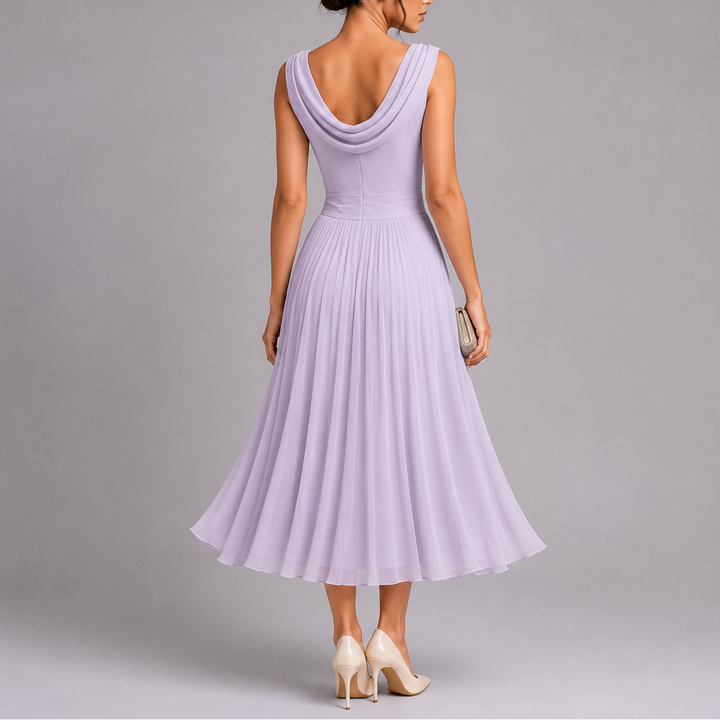 Women’s Elegant Pleated Midi Dress with Draped Neckline 1