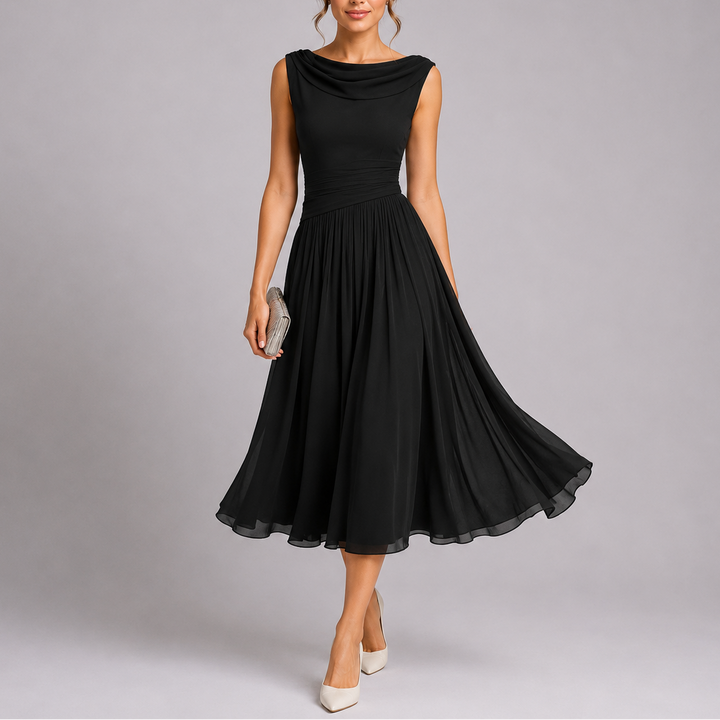 Women’s Elegant Pleated Midi Dress with Draped Neckline 2