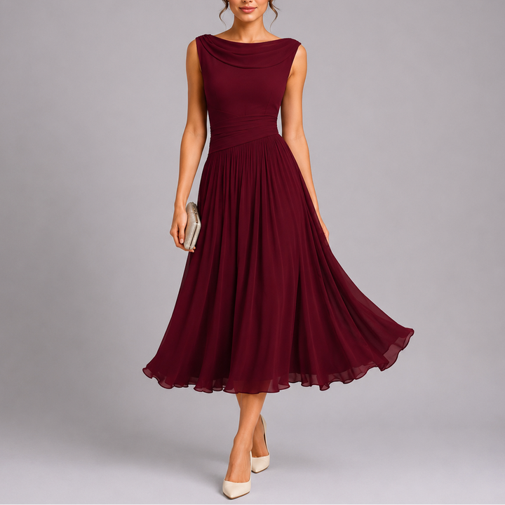 Women’s Elegant Pleated Midi Dress with Draped Neckline 3