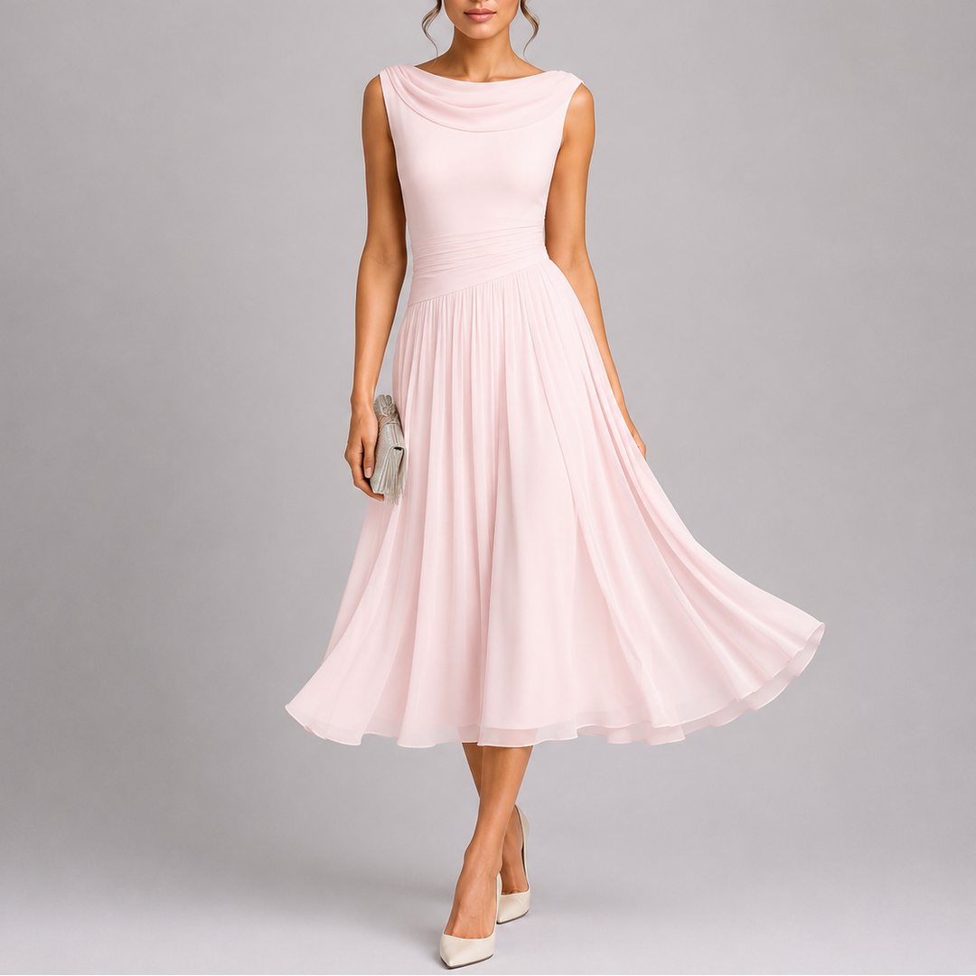 Women’s Elegant Pleated Midi Dress with Draped Neckline 4