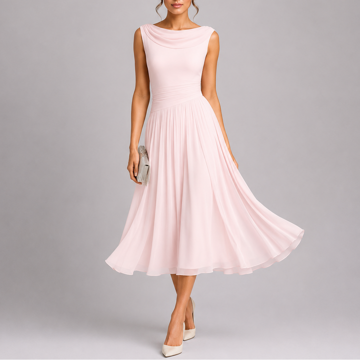 Women’s Elegant Pleated Midi Dress with Draped Neckline 4