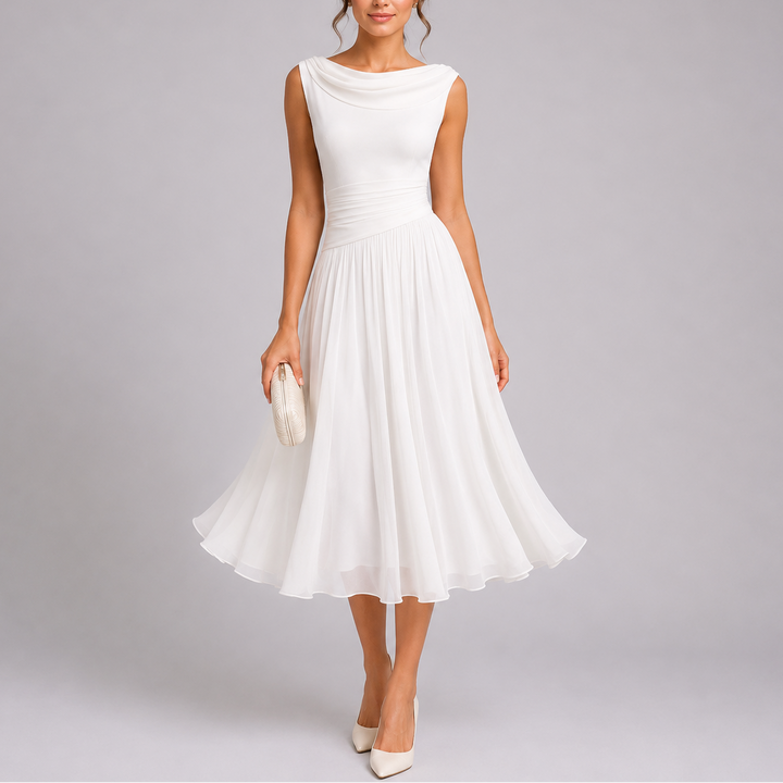Women’s Elegant Pleated Midi Dress with Draped Neckline 5