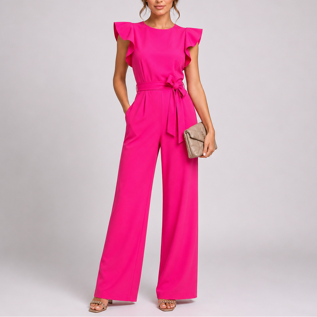 Women’s Elegant Wide-Leg Jumpsuit with Ruffle Sleeves and Tie Waist 0